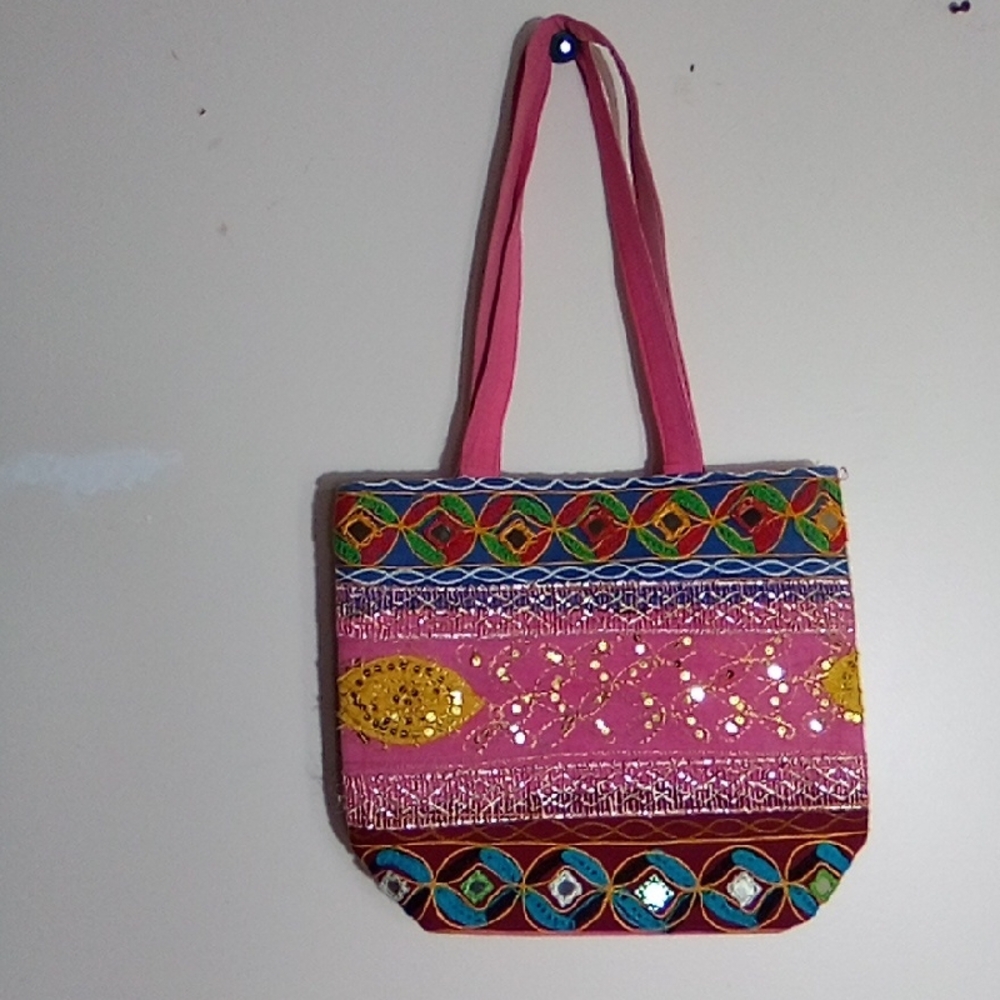 Handcrafted Pink Embroidered Women's Tote Bag SIZE 13 Inc Long